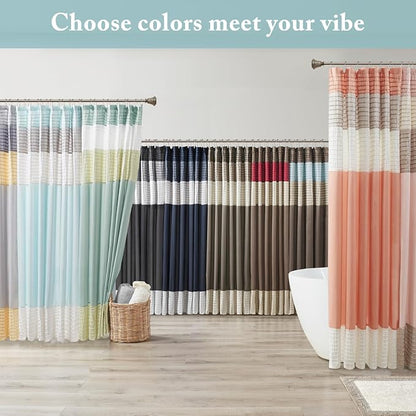 Madison Park Amherst Bathroom Shower Curtain Faux Silk Pieced Striped Modern Microfiber Bath Curtains, 72x72" Inches, Blue | Modern Classic, Light Sheen, Pieced, Striped, Microfiber, Machine Washable, OEKO-TEX Certified, Amherst