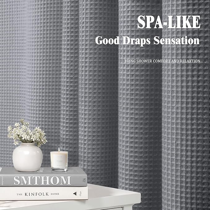 Long Waffle Shower Curtain - Grey Cotton Texture Fabric Heavyweight Shower Curtains for Bathroom,72Wx78L