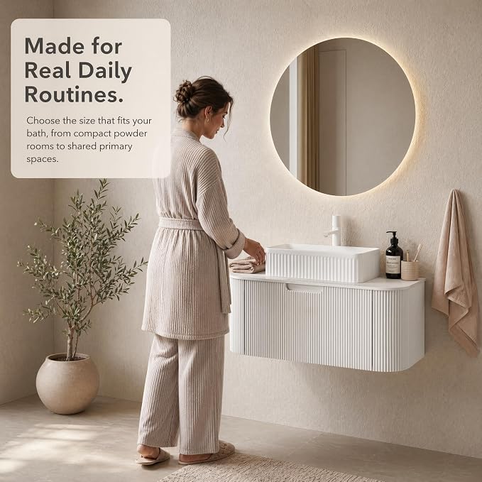 36 Inch Bathroom Vanity with Sink, Floating Wall Mounted Single Sink Vanity, White Curved Fluted Front, Stone Top, White Textured Rectangular Vessel Basin, Pre-Assembled
