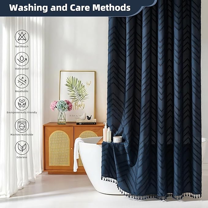 Siiluminisoy Extra Long Boho Navy Blue Shower Curtain, Woven Fabric Shower Curtain, 72 x 96, Tufted Striped Modern Chic Textured Cloth Shower Curtains Minimalist Bathroom Decor