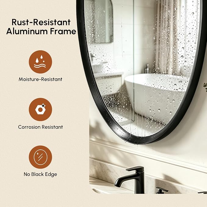Black Oval Bathroom Mirror 24x36 Inch | Vanity Wall Mirror, Crystal-Clear HD Glass, Rust-Proof Aluminum Frame, Inner-Curved Decor for Bedroom, Entryway Renovation