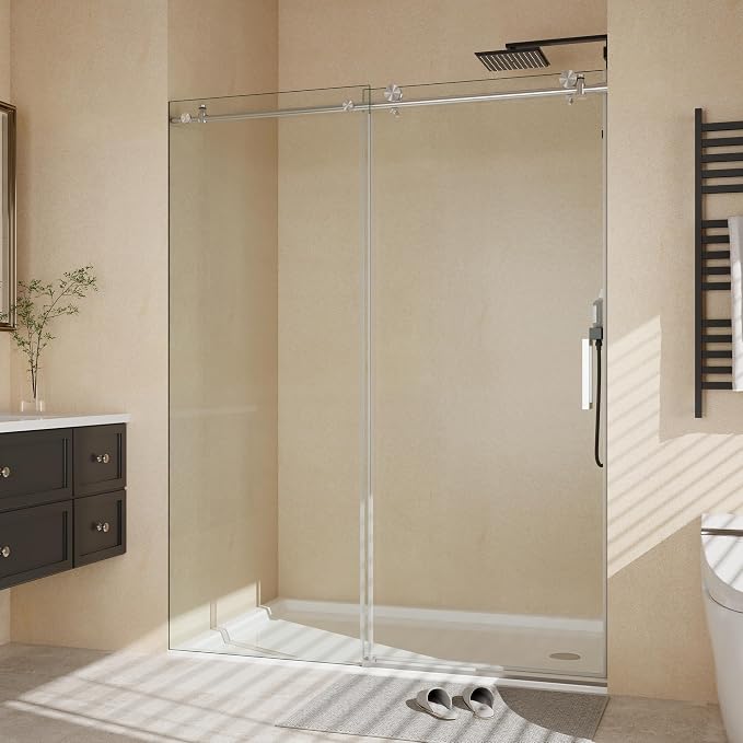 Frameless Sliding Shower Door, Adjustable Width 44-48" x 76" H, One Fixed & One Sliding Panel, 6mm (1/4") Tempered Glass, Waterproof Seal, for Small Bathroom Remodel, Easy Clean