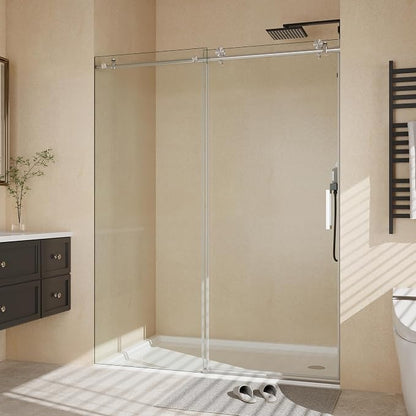 Frameless Sliding Shower Door, 56-60" Adjustable Width x 76" H, with Round Stainless Steel Rail & 55mm Rollers, 6mm Tempered Glass, Brushed Finish, for Bathroom Remodel