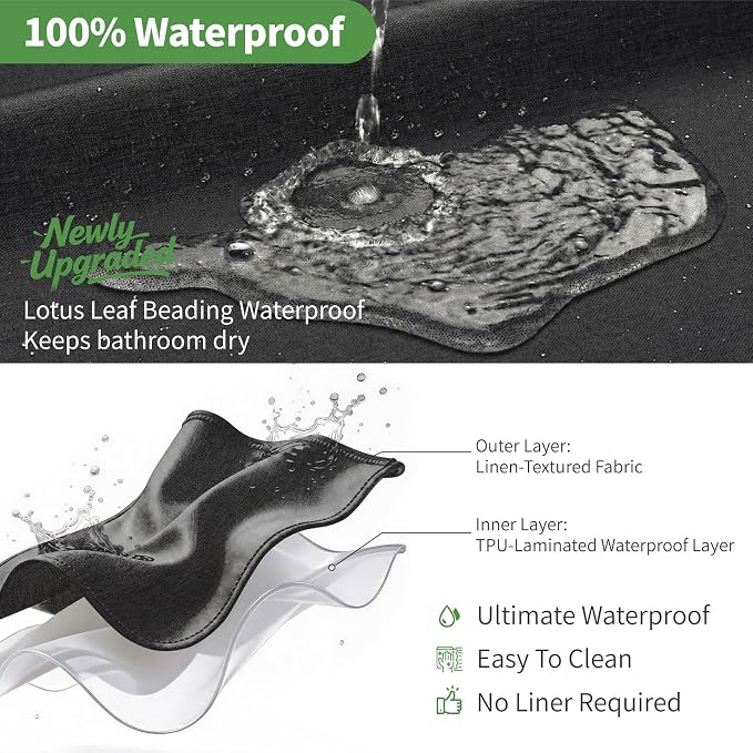 Long No Hooks & No Liner Needed Fabric Shower Curtain,71"Wx80"L,Black | Linen Texture,100% Waterproof TPU Laminated Layer,Bottom Magnets,Machine Washable,Hotel Style Bathroom Curtain For Shower,Tub