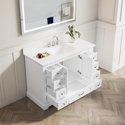 WELLFOR 48" Bathroom Vanity with Sink, Bathroom Freestanding Vanity W/ 2 Soft-Close Doors and 9 Soft-Close Drawers, Bathroom Cabinet Vanity with Engineered Stone Countertop, White