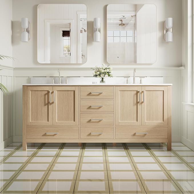 80-Inch Bathroom Vanity with Sink, 4 Soft-Close Doors and 6 Soft-Close Drawers, Bathroom Freestanding Vanity with Cultured Marble Countertop, Oak Vanity with Brushed Nickel Handles