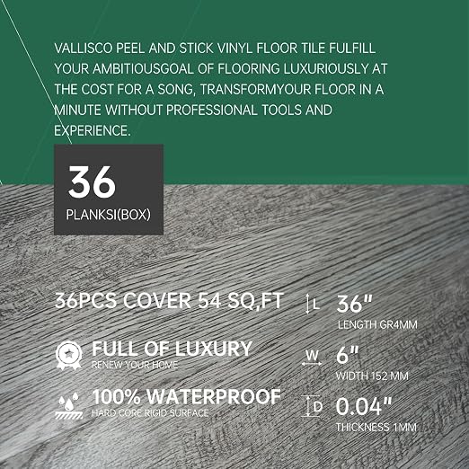 VallisCo Peel and Stick Vinyl Flooring 36 Pack 54 Sq.Ft, Waterproof Vinyl Flooring Peel and Stick for Office, Living Room, Bathroom, Kitchen - Unique Design Easy to Install Floor, Light Gray