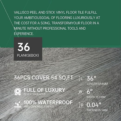 VallisCo Peel and Stick Vinyl Flooring 36 Pack 54 Sq.Ft, Waterproof Vinyl Flooring Peel and Stick for Office, Living Room, Bathroom, Kitchen - Unique Design Easy to Install Floor, Light Gray