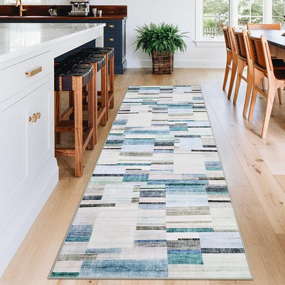 Washable Rug Runners for Hallways Non Slip 2x6 Modern Geometric Kitchen Rugs Farmhouse Entryway Rug Soft Bathroom Rugs Stain Resistant Carpet for Laundry Bedroom 2'x6' Blue