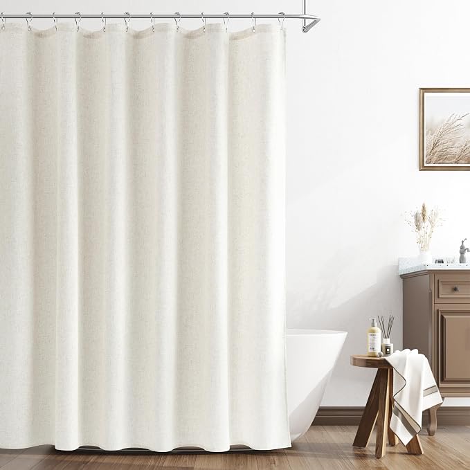 Extra Long Cream Shower Curtains 96 Inch Natural Linen Weighted Fabric Shower Curtain Set Tall Bath Curtain with See Through Top Window and Hooks Country Farmhouse Style,Cream,72x96