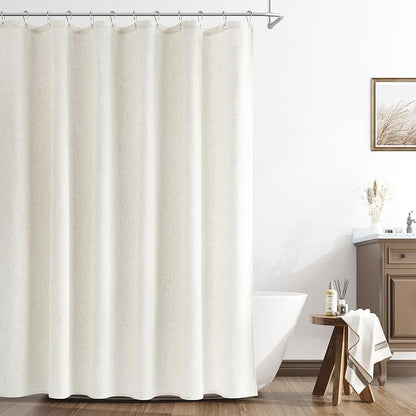 Extra Long Cream Linen Shower Curtain 84 Inch Long Weighted Fabric Bath Shower Curtain Set with Hooks, XLong Tall Country Farmhouse Curtains for Bathroom, 72x84