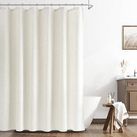 Cream Linen Shower Curtain 78 Inch Long Weighted Fabric Bath Shower Curtain Set with Hooks, XLong Tall Country Farmhouse Neutral Curtains for Bathroom, Washable,72x78