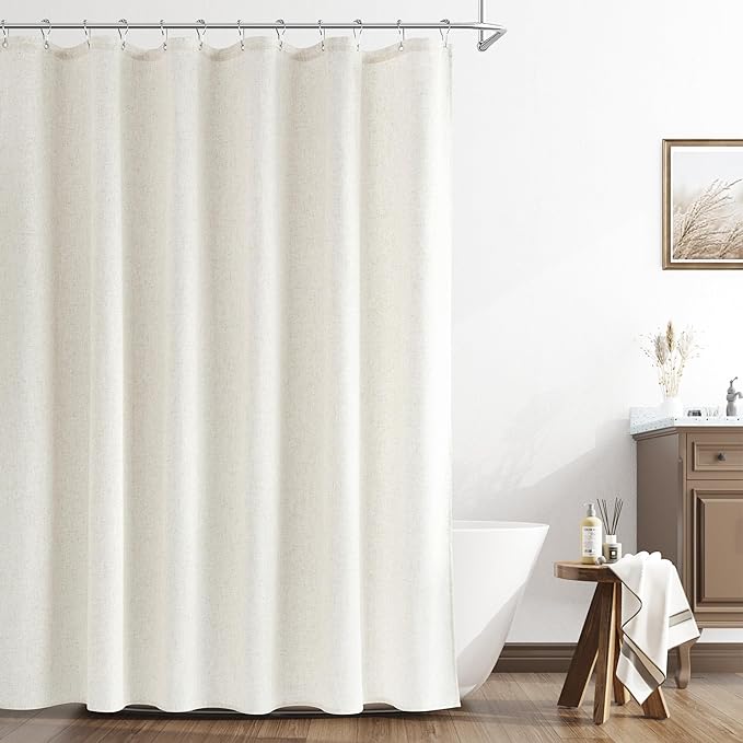 Extra Long Cream Shower Curtains 90 Inch Length Natural Linen Fabric Shower Curtain Set with Hooks Tall Bath Curtain with See Through Top Window Country Farmhouse Style,Cream,72x90