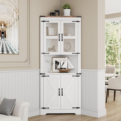 GarveeHome 67 in Tall Corner Storage Cabinet with Lights, Farmhouse Corner Hutch Display Cabinet with Glass Doors, Wooden Storage Organizer for Kitchen, Living Room, Bathroom, White