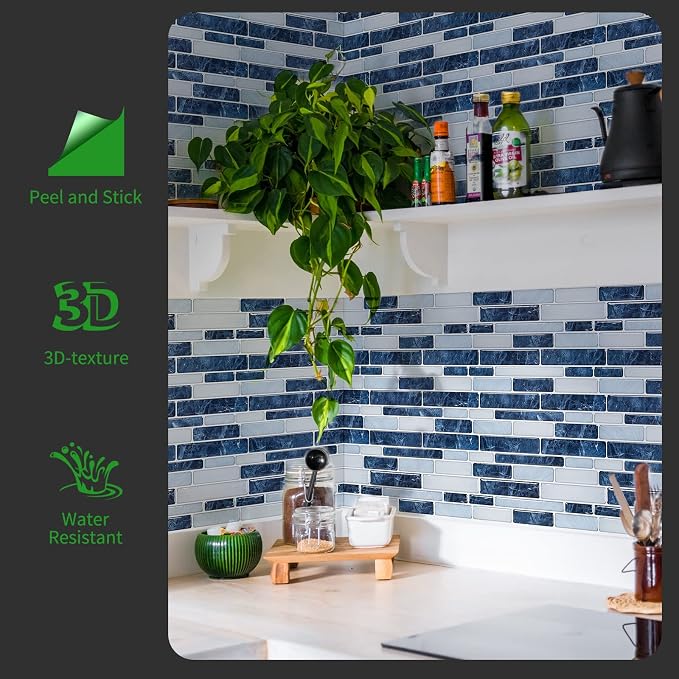 LONGKING Self-Adhesive Kitchen Backsplash, Marble Look Decorative Tiles (10 Tiles) (Dark Blue) | Peel and stick backsplash, self-adhesive wall tile, Dark Blue, marble, waterproof, kitchen bathroom wall, 10 tiles