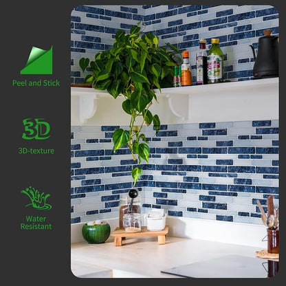 LONGKING Self-Adhesive Kitchen Backsplash, Marble Look Decorative Tiles (10 Tiles) (Dark Blue) | Peel and stick backsplash, self-adhesive wall tile, Dark Blue, marble, waterproof, kitchen bathroom wall, 10 tiles