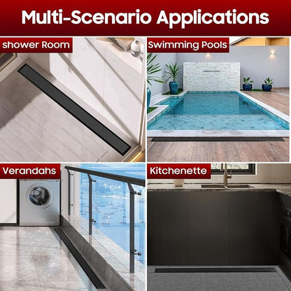 DLONE® Linear Shower Drain - 72 Inch Matte Black, with Tile Insert Panel | AISI 304 Stainless Steel Linear Drain, Rectangle Shower Floor Drain, with Adjustable Feet, Fits Bathroom & Balcony etc