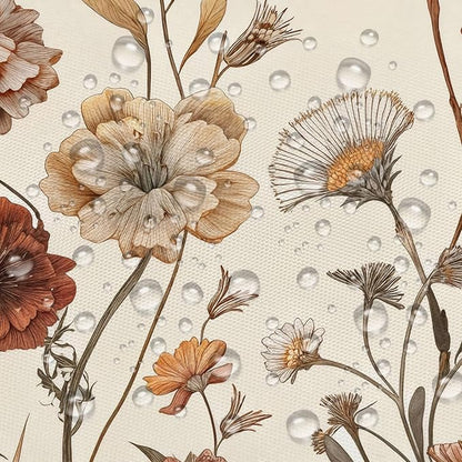 Vintage Boho Beige Floral Shower Curtain, Brown Cream Tan Rustic Farmhouse Flower Shower Curtain Set, Cute Botanical Wlidflowers Fabric Shower Curtains Decoration, 72X72 Aesthetic Bathroom Accessories