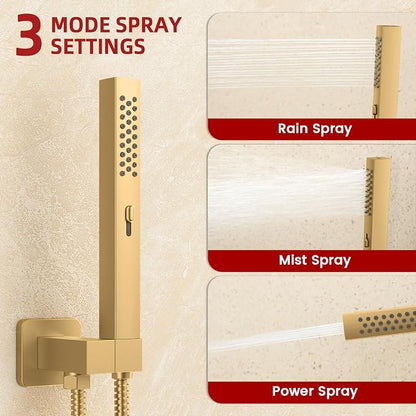 Longriver 3-Push Button Shower Faucet Set Hydro Power Temperature Display | Shower System Ceiling Mounted 10" & Wall Mounted 6" Shower Head with 3-Spary Handheld, Brushed Gold