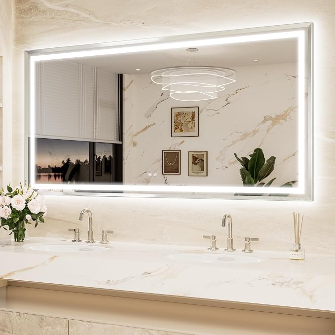 Keonjinn 72x36 Inch Nickel LED Bathroom Mirror with Lights, Beveled Edge | HD Tempered Glass, Frontlit & Backlit, Large Lighted Bathroom Mirror, 3 Color Temperatures, Anti-fog, Stepless Dimmable