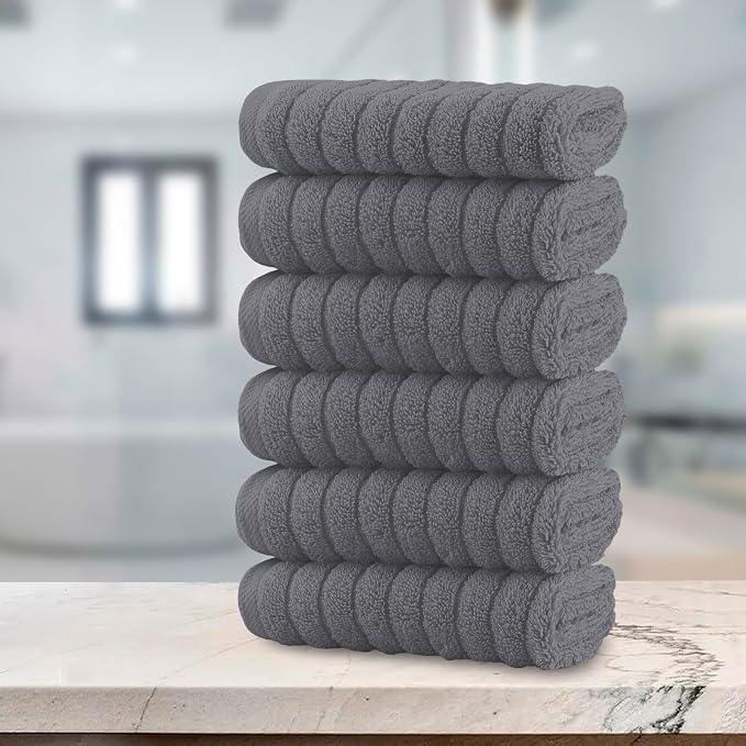 Elegant Comfort 100% Turkish Cotton Corduroy Ribbed Luxury Washcloths 6 Pack Soft 13 x 13 Inch - Higly Absorbent, Durable, Quick Dry, Spa Premium Hotel Quality for Bathroom or Travel, Gray