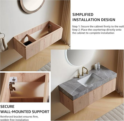 48” Floating Bathroom Vanity with Sink, Wall-Mounted Cabinet with Drawer & Doors, Gray Travertine-Pattern Sintered Stone Top, Undermount Basin, 3 Faucet Hole, Soft-Close, Pre-Assembled, Light Oak