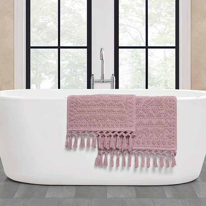 French Connection Nellore Bathroom Rugs, Set of 2 Woven and Beaded Bathroom Mats, Durable Bath Rugs, Thick Bath Mats for Bathroom and Shower Rugs, 17" x 28" and 20" x 38", Dusty Pink