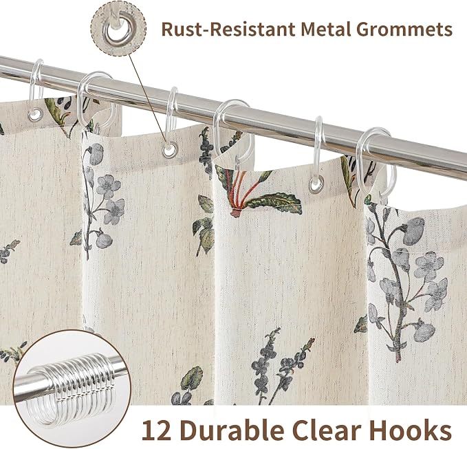 Colorful Star Farmhouse Grey Floral Linen Shower Curtain, 72" W x 72" L | Vintage Boho Shower Curtain for Bathroom, French Country Pattern Waterproof Bathroom Curtains with 12 Clear Hooks