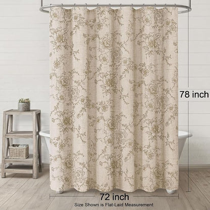 Farmhouse Floral Linen Shower Curtain, Vintage Beige Pattern Rustic Shower Curtains for Bathroom, Tan Taupe,72x78