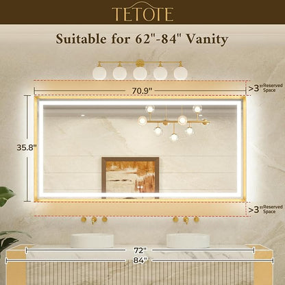 72 x 36 Large Bathroom Mirror Brushed Gold Metal Frame Frontlit & Backlit Vanity Mirror 3 Colors White/Warm/Natural Stepless Dimmable Anti-Fog Bathroom Mirrors for Vanity Wall-Mounted