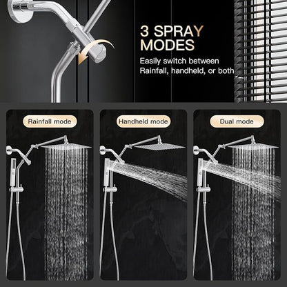 All Metal 12" Shower Head with Handheld, Built-in Power Jet Mode | Luxurious, Square, Rain Shower Heads with Spray Combo Set, High Pressure, Dual, Rainfall, with Extension Arm, Brushed Nickel