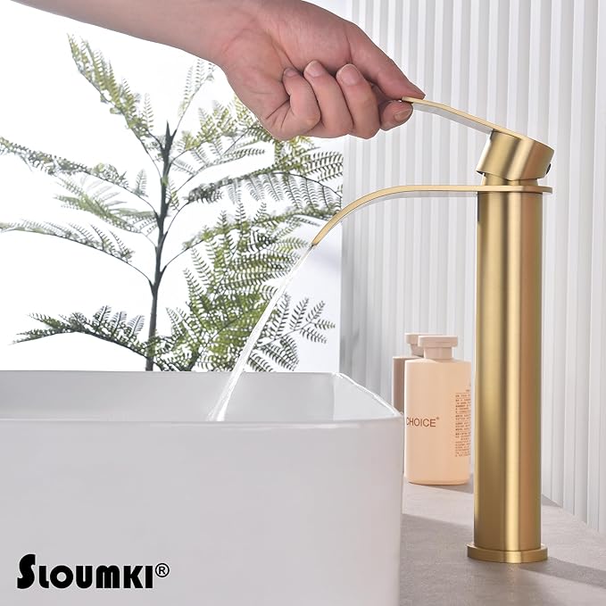 Brushed Gold Vessel Sink Faucet, High Bathroom Sink Faucet, High Waterfall Bathroom Faucet, Single Handle Basin Faucet, Come with Water Hose and Metal Pop Up Drain Without Overflow Hole