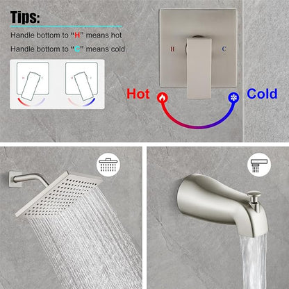 Heyalan 8-Inch Shower Faucet Set with Tub Spout and Valve,Brushed Nickel | 8-inch square rainfall head, tub spout with diverter, male-thread rough-in valve, single-handle control and wall-mount design