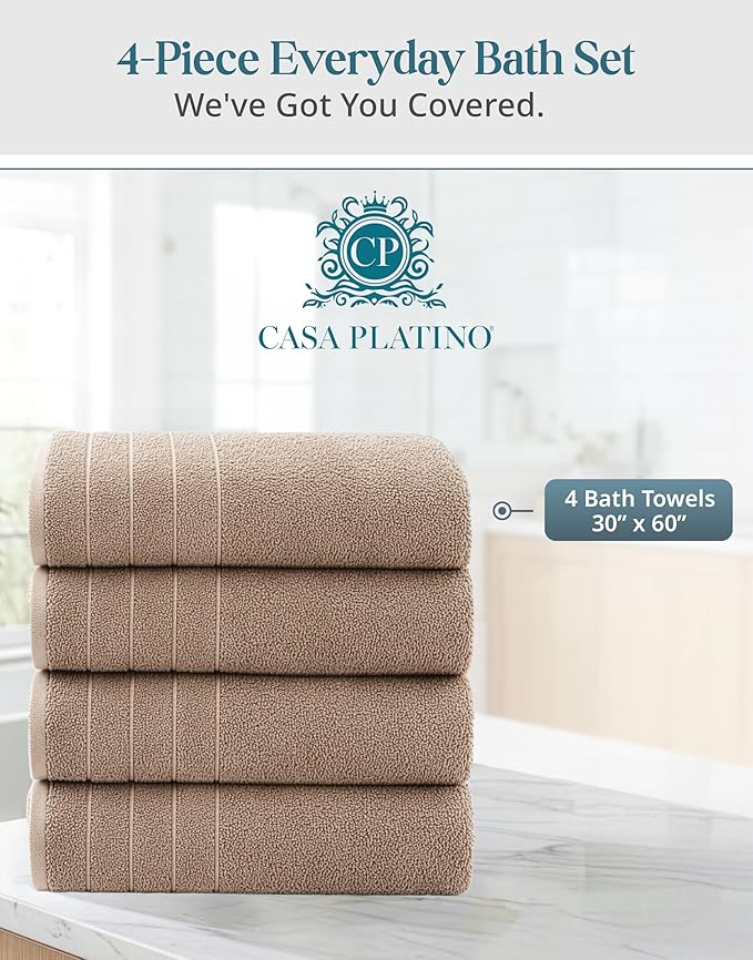 Casa Platino 100% Cotton Bath Towels Set of 4 (30"x60") - Ringspun Cotton Bathroom Towel Sets - Quick Dry, Very Soft & Absorbent Large Shower Towels for Bathroom - Sustainabaly Produced - Tawny Brown