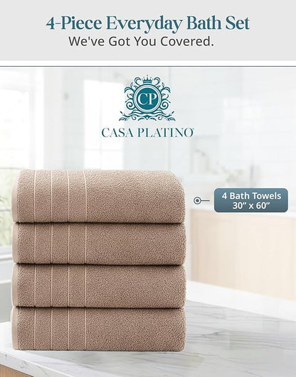 Casa Platino 100% Cotton Bath Towels Set of 4 (30"x60") - Ringspun Cotton Bathroom Towel Sets - Quick Dry, Very Soft & Absorbent Large Shower Towels for Bathroom - Sustainabaly Produced - Tawny Brown