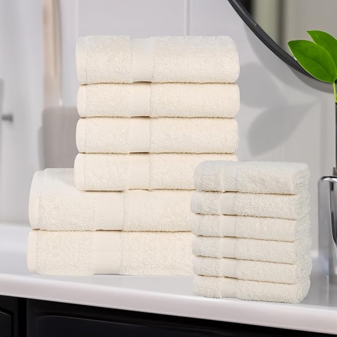 Superior 12-Piece Cotton Assorted Towel Set, Includes 6 Face Towel, 4 Hand, and 2 Bath Towels, Home, Bathroom, Guest Bath Essentials, Quick Dry, Absorbent, Franklin Collection - Ivory