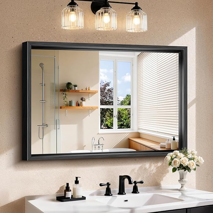 CIRCUMI 30"x42" Black Mirror with Chunky Box Metal Frame, Brushed Finish Rectangular Bathroom Mirrors for Over Sink, Living Room, Entryway, Tempered Glass Mirror for Wall, Vertical or Horizontal