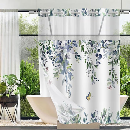 No Hook Shower Curtain and Liner Set, Green Eucalyptus 71x77 | Floral Design, with Snap in Liner, See-Through Top Window, Waterproof, Machine Washable, Quick-Drying, for Hotel Bathroom