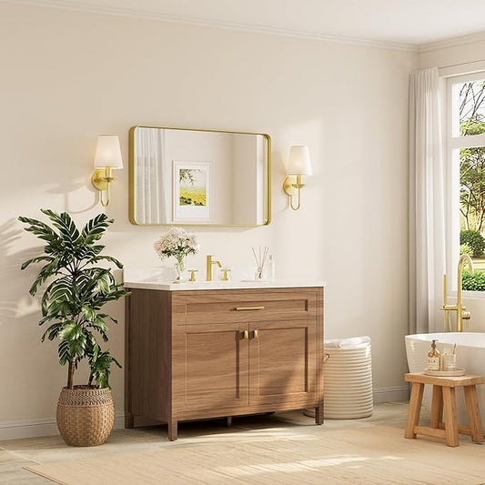 TETOTE Brushed Gold Bathroom Mirror, 40 x 24 Inch Metal Framed Mirror, Brushed Brass Rectangle Wall Mounted Golden Vanity Mirror (Horizontal/Vertical)