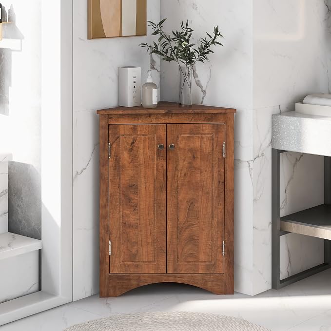 Corner Storage Cabinet with Two Doors and Adjustable Shelf, Freestanding Floor Space Saver for Bathroom, Living Room or Kitchen, Brown