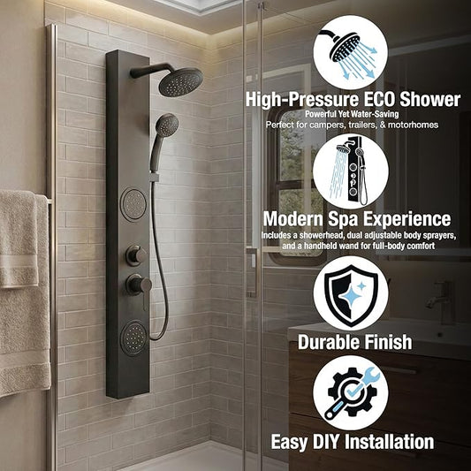 Dura Faucet (DF-SA914-MB) Premium RV Shower Panel Column – Matte Black, 4 Spray Options with Adjustable Body Sprayers, Overhead Shower & Handheld Wand – Water-Saving, Easy Install RV Shower System
