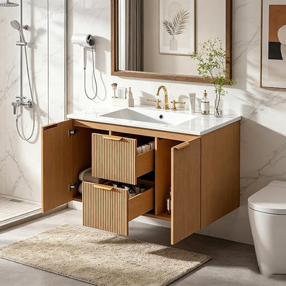 36 Inch Bathroom Vanity with Sink, Modern Fluted Single Ceramic Vanity | Soft-close, Bath Room Cabinet with Divided Drawers, Wall-Mounted Modern Storage Vanity for Small Space, Hotels, Office