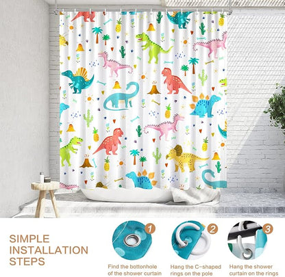 Shower Curtain Kids, Cartoon Dinosaur Shower Curtain Colorful Animals Plants for Boys Girls Polyester Fabric Waterproof Shower Curtain Sets Machine Washable Decor Bath Curtain