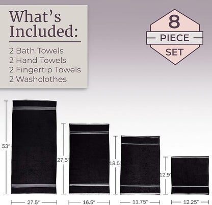 Lavish Home Bathroom Towels Set, Bathroom Essentials, Black, Set of 8 | Includes 2 Bath Sheets, 2 Hand Towels, 2 Wash Cloths, 2 Fingertip Sheets, Soft 575 GSM Cotton Set for Shower, Gym, Dorm, Spa