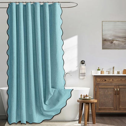MIULEE Teal Scalloped Linen Shower Curtain 72x72 Inches | Linen Textured, Waterproof, Washable, 12 Metal Hooks, Heavy Duty Cloth, Black Border, Shower Curtain for Bathroom Bathtub