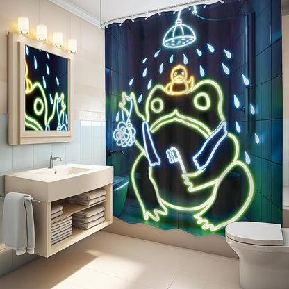 LGhtyro Funny Frog Shower Curtain Bathroom Set 60Wx71H Inches Japanese Minimalist Cool Asian Traditional Neon Aesthetic Animal Bath Accessories Cute Art Home Decor Fabric 12 Pack Hooks