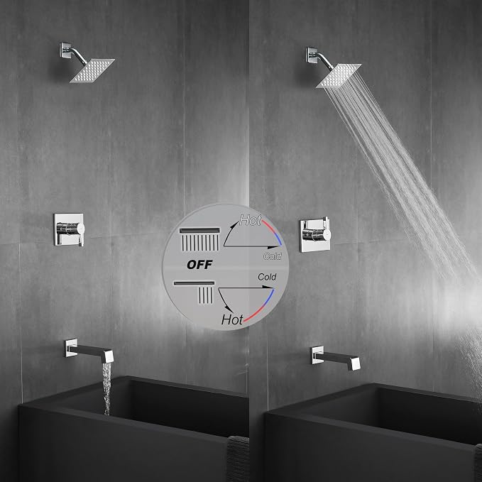 SOOOHOT Shower Faucet Set, Tub Shower Faucet with 6-Inch Rainfall Shower Head and Tub Spout, Shower Tub Faucet Set Complete (Included Shower Valve), Tub Shower Trim Kit, Polished Chrome