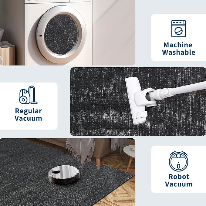 Garvee 10x13 Black Rug for Living Room Modern Solid Color Washable Rug | Non Slip Backing Non Shedding Stain Resistant Low Pile Ultra Soft Thin Foldable Rug for Bedroom Nursery Dining Room