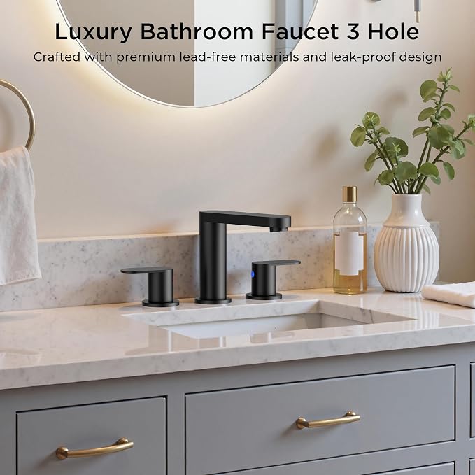 QFN Bathroom Faucet 3 Hole 8 Inch Widespread Vanity Sink Faucet Matte Black | 304 Stainless Steel Bathroom Sink Faucet with Pop-up Drain, 6-12 Inch 3 Hole Install, for RV Laundry Farmhouse Restroom Sink