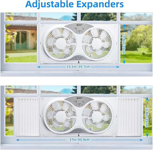 BEYOND BREEZE Window Fan Reversible Airflow, 9" Dual Window Fan with 3-Speed 3 Modes (Cool, Circulate, Exhaust), Remote Control Twin Window Fan 23.5" to 37" Adjustable Width for Bedroom, Kitchen, Home
